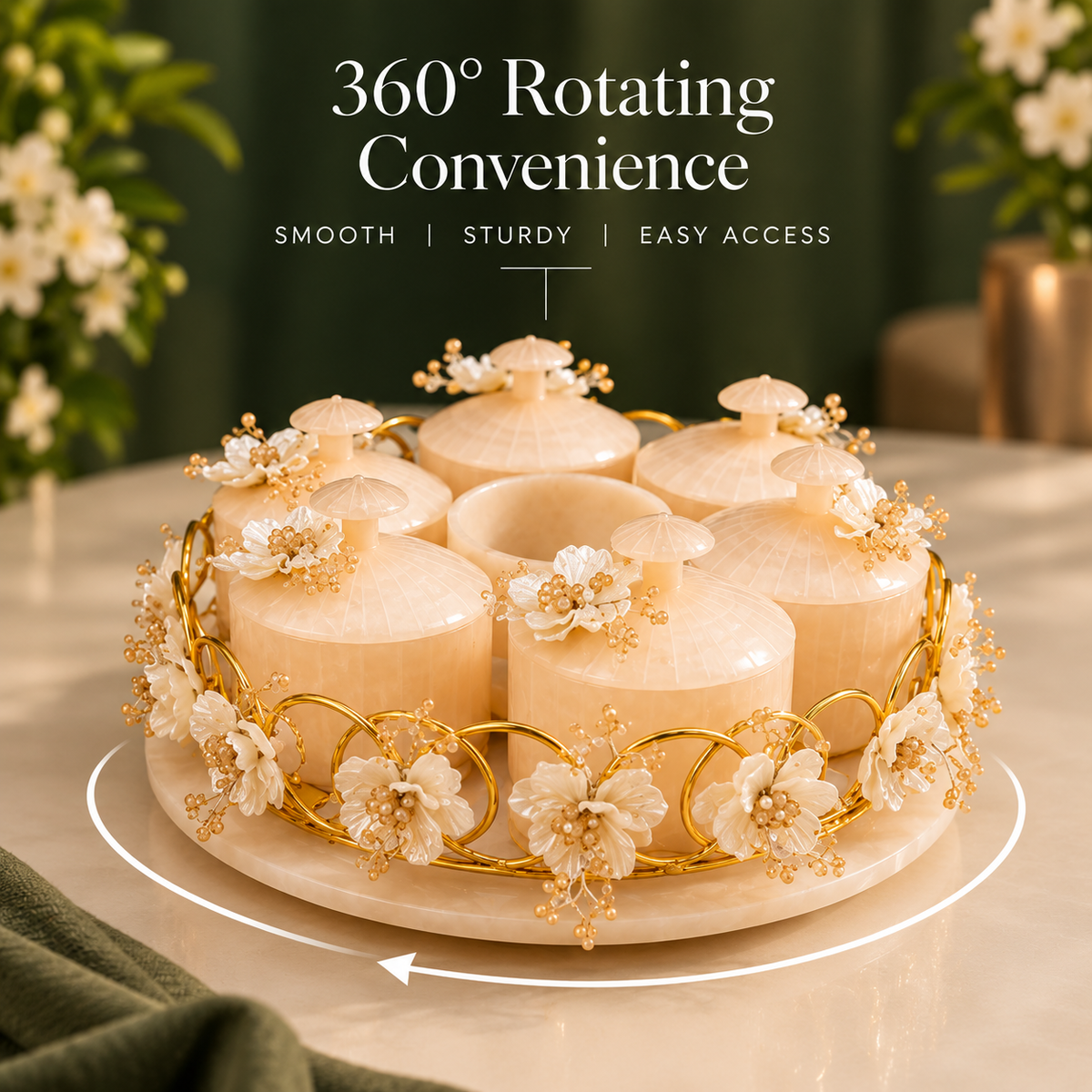 Resin Revolving 6 Jar Platter with Airtight Jars & Handcrafted Decoration | 360° Rotating Multipurpose Organizer