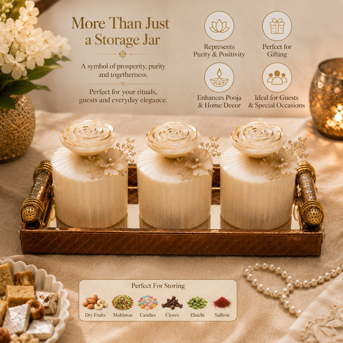 Premium Resin 3 Jar Organiser Set with Mirror Decorative Tray