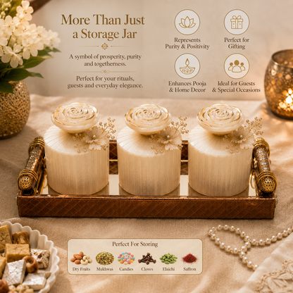 Premium Resin 3 Jar Organiser Set with Mirror Decorative Tray