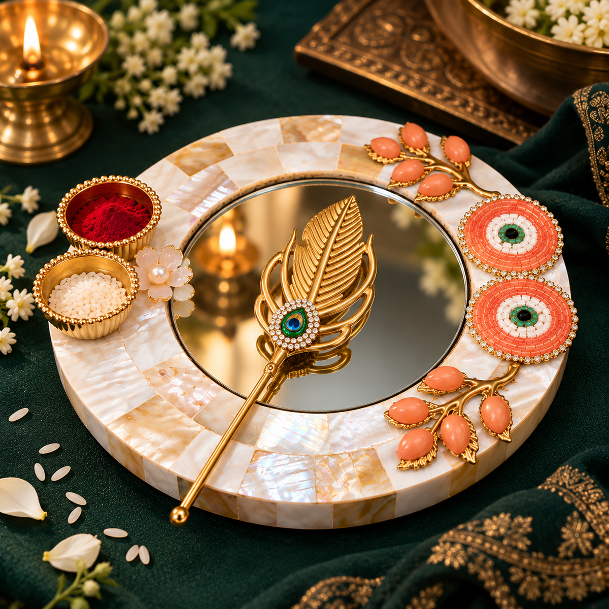 Sajja Kreation Decorative Tilak Platter with Mirror, Peacock Applicator & Kumkum Bowls