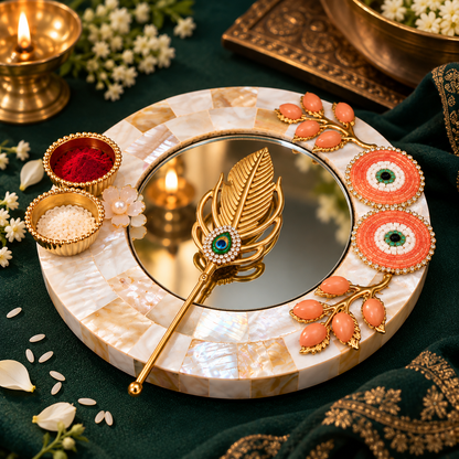 Sajja Kreation Decorative Tilak Platter with Mirror, Peacock Applicator & Kumkum Bowls
