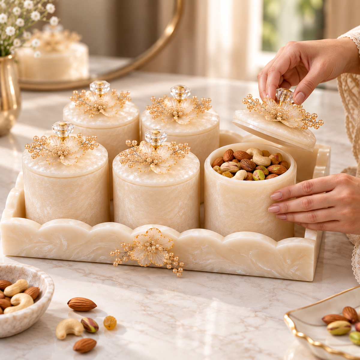 Resin Multipurpose Organizer Set of 6 Jars with Decorative Tray | Dry Fruit Storage & Home Organizer