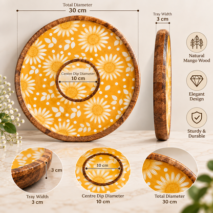 Handcrafted Mango Wood Centre Dip Serving Platter with Floral Print.