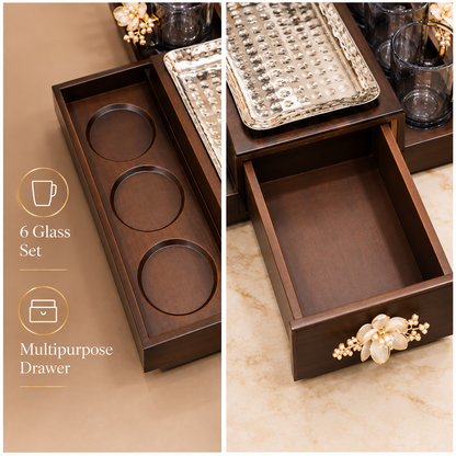 Golden Bloom Tea Cup Set – 6 Glass Cups with Wooden Serving Tray & Drawer