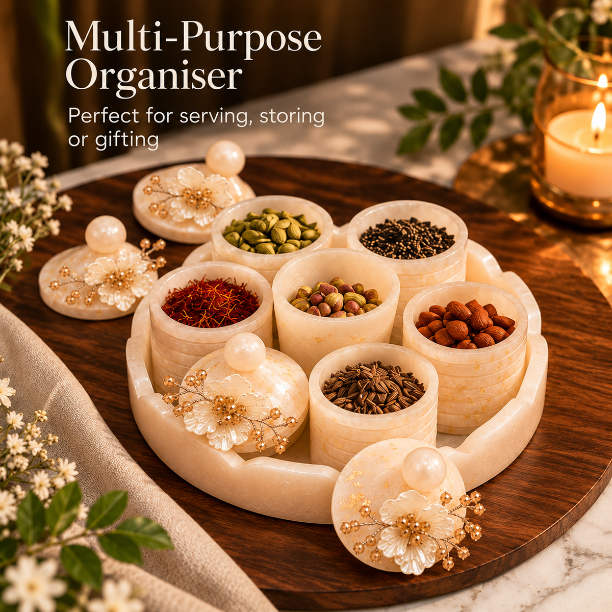 Handcrafted Resin 6 Jar Multipurpose Organiser Set with Decorative Tray |Sajja Kreation