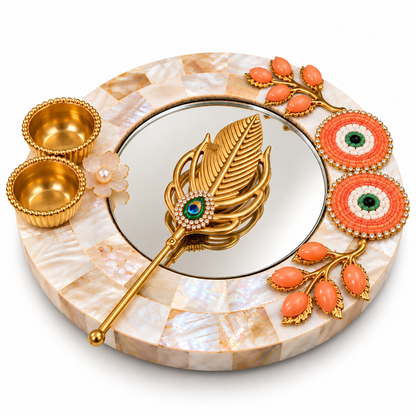Sajja Kreation Decorative Tilak Platter with Mirror, Peacock Applicator & Kumkum Bowls