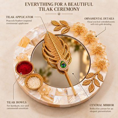 Sajja Kreation Decorative Tilak Platter with Mirror, Peacock Applicator & Kumkum Bowls