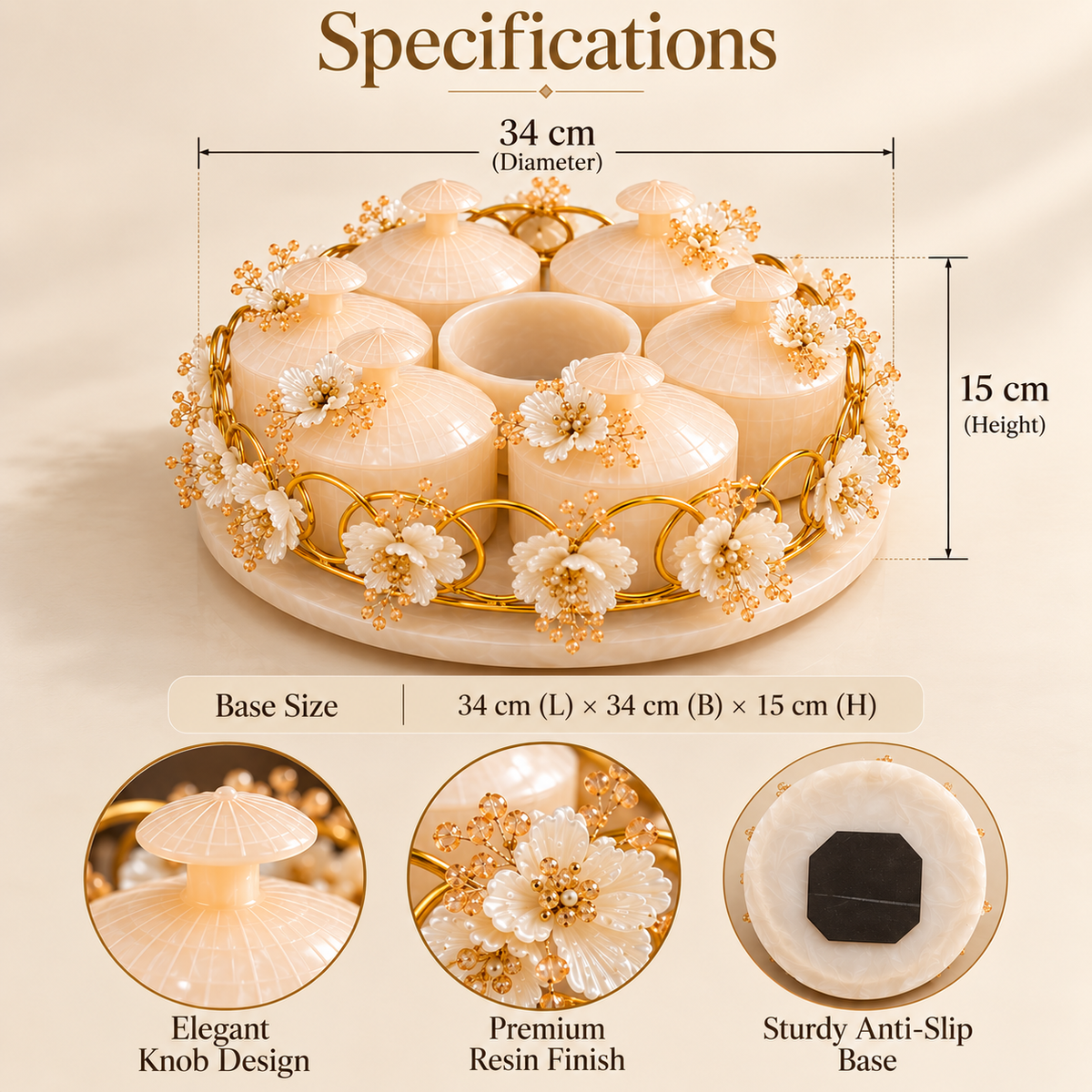 Resin Revolving 6 Jar Platter with Airtight Jars & Handcrafted Decoration | 360° Rotating Multipurpose Organizer