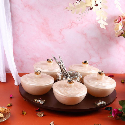 Resin Bowl Revolving Organiser Set -  5 Airtight Bowls | 1 Holder | 1 Wooden Revolving Tray