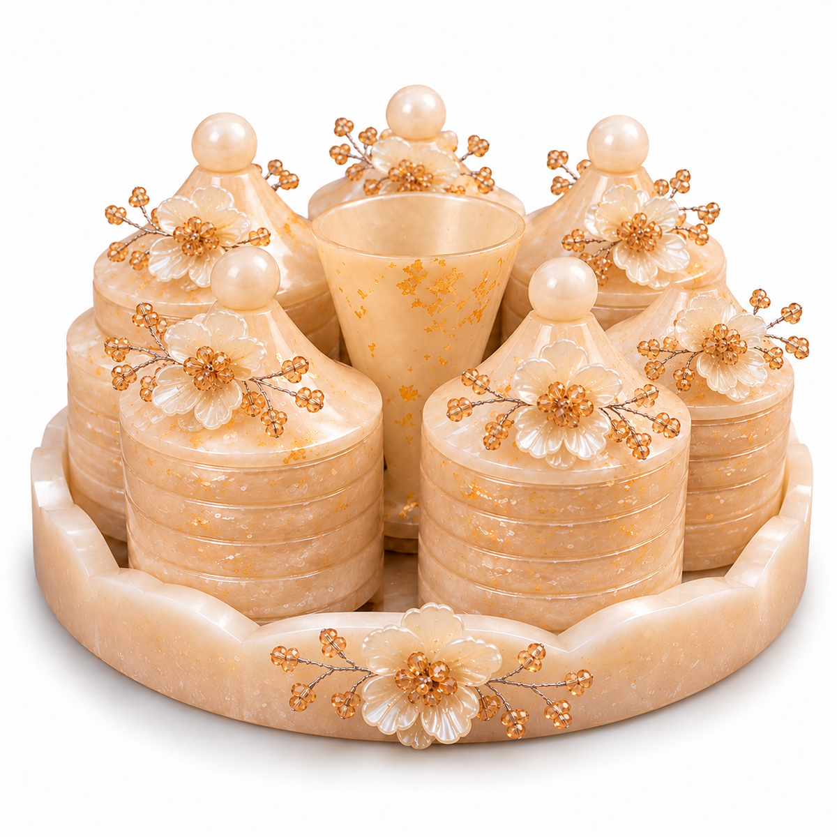 Handcrafted Resin 6 Jar Multipurpose Organiser Set with Decorative Tray |Sajja Kreation