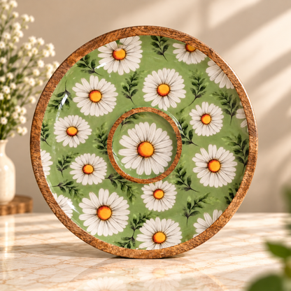 Handcrafted Mango Wood Centre Dip Serving Platter with Floral Print.