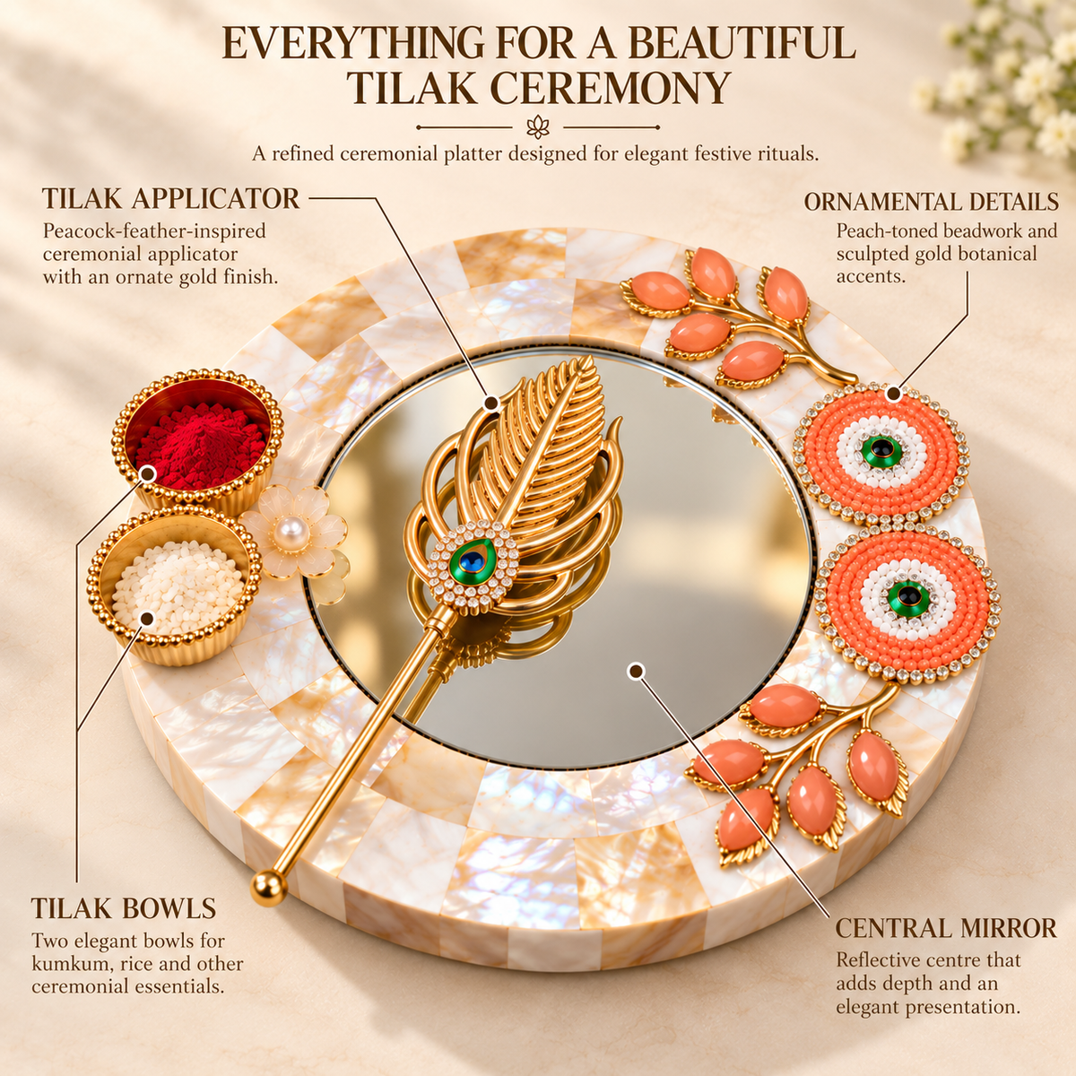 Sajja Kreation Decorative Tilak Platter with Mirror, Peacock Applicator & Kumkum Bowls