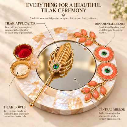 Sajja Kreation Decorative Tilak Platter with Mirror, Peacock Applicator & Kumkum Bowls