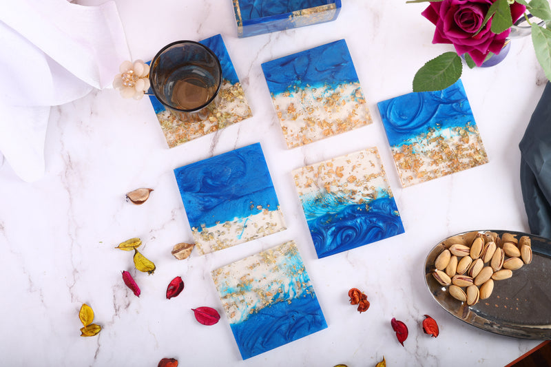 Blue Sparkle Resin Coasters Set