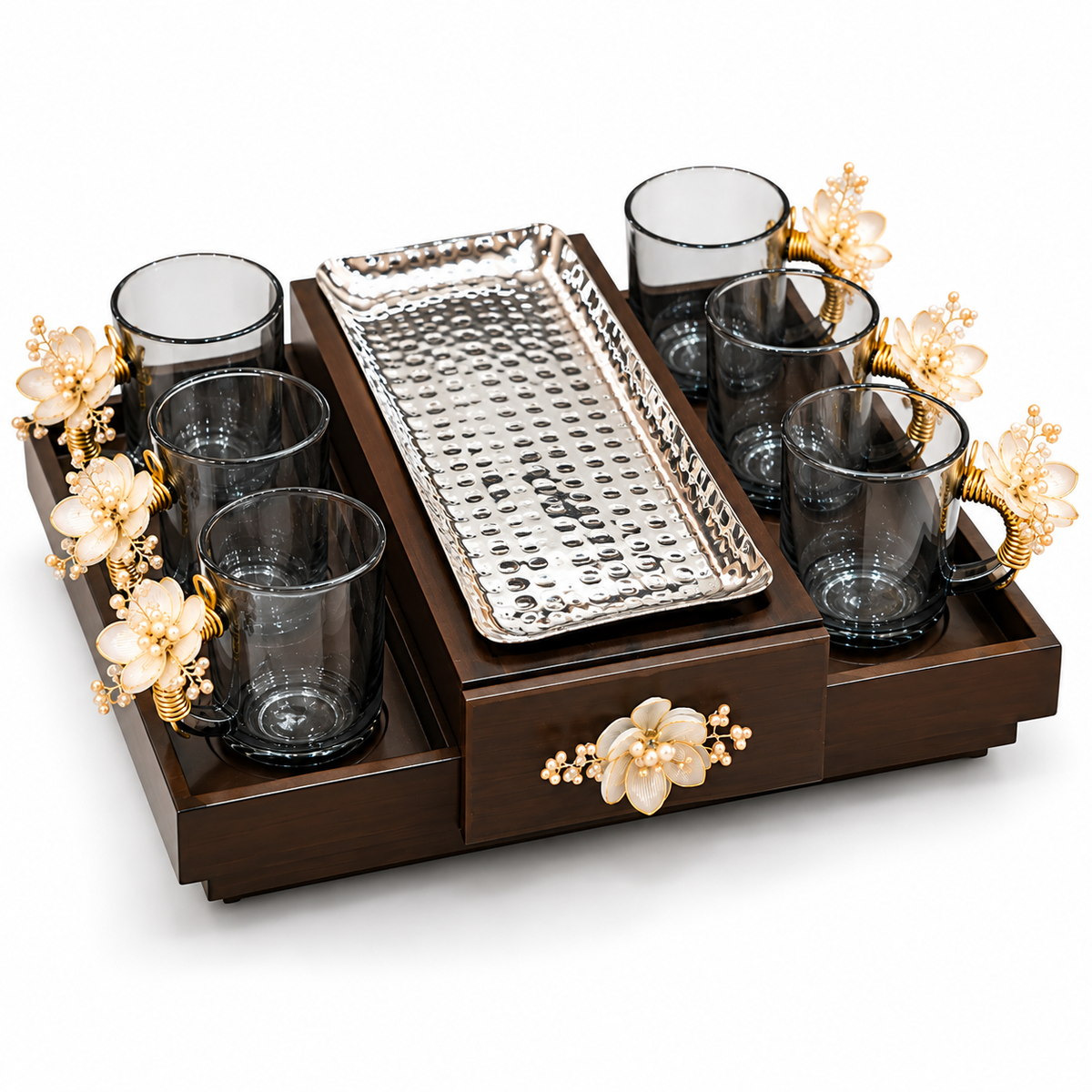 Golden Bloom Tea Cup Set – 6 Glass Cups with Wooden Serving Tray & Drawer