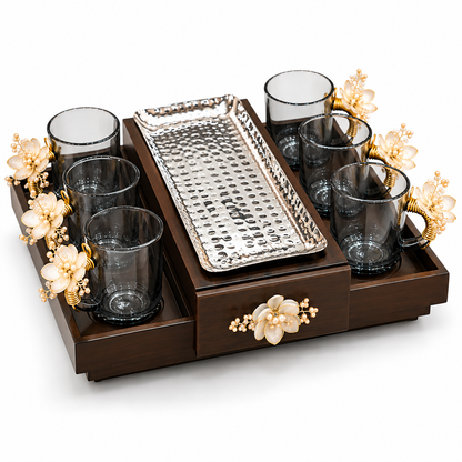 Golden Bloom Tea Cup Set – 6 Glass Cups with Wooden Serving Tray & Drawer