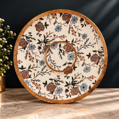 Handcrafted Mango Wood Centre Dip Serving Platter with Floral Print.