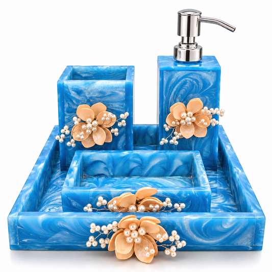 Blue Marble Resin Bathroom Accessories Set with Handcrafted Floral Decoration – 4 Pieces