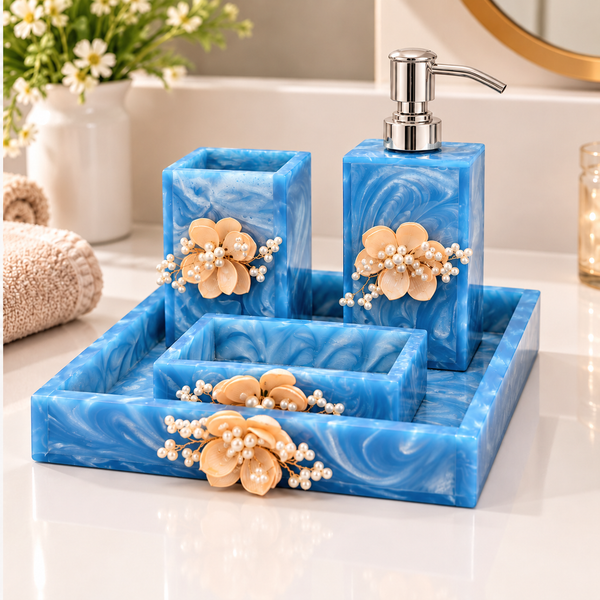 Blue Marble Resin Bathroom Accessories Set with Handcrafted Floral Decoration – 4 Pieces