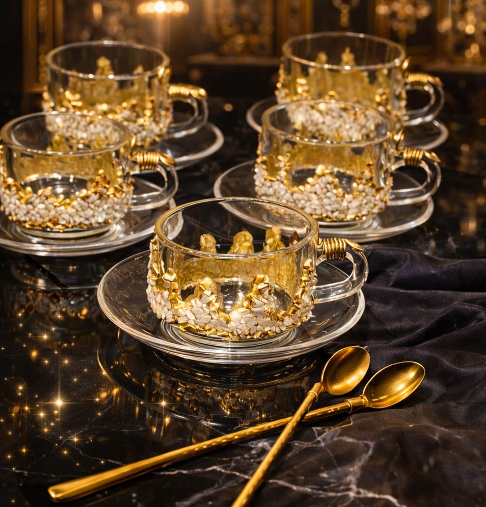 Luxury Handcrafted Resin & Glass Tea Cup Set of 6 With Soccer Plates
