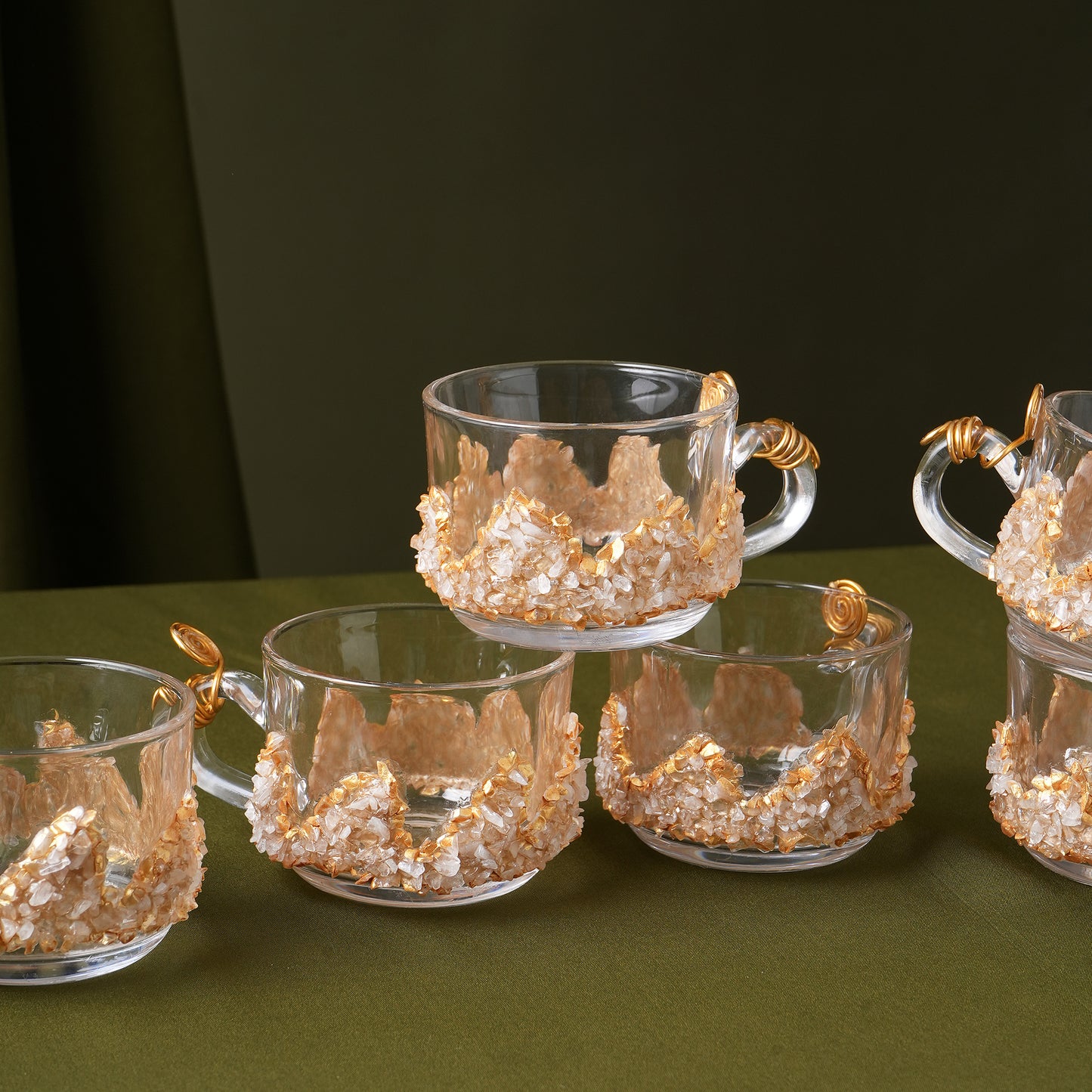 Luxury Handcrafted Resin & Glass Tea Cup Set of 6 With Soccer Plates