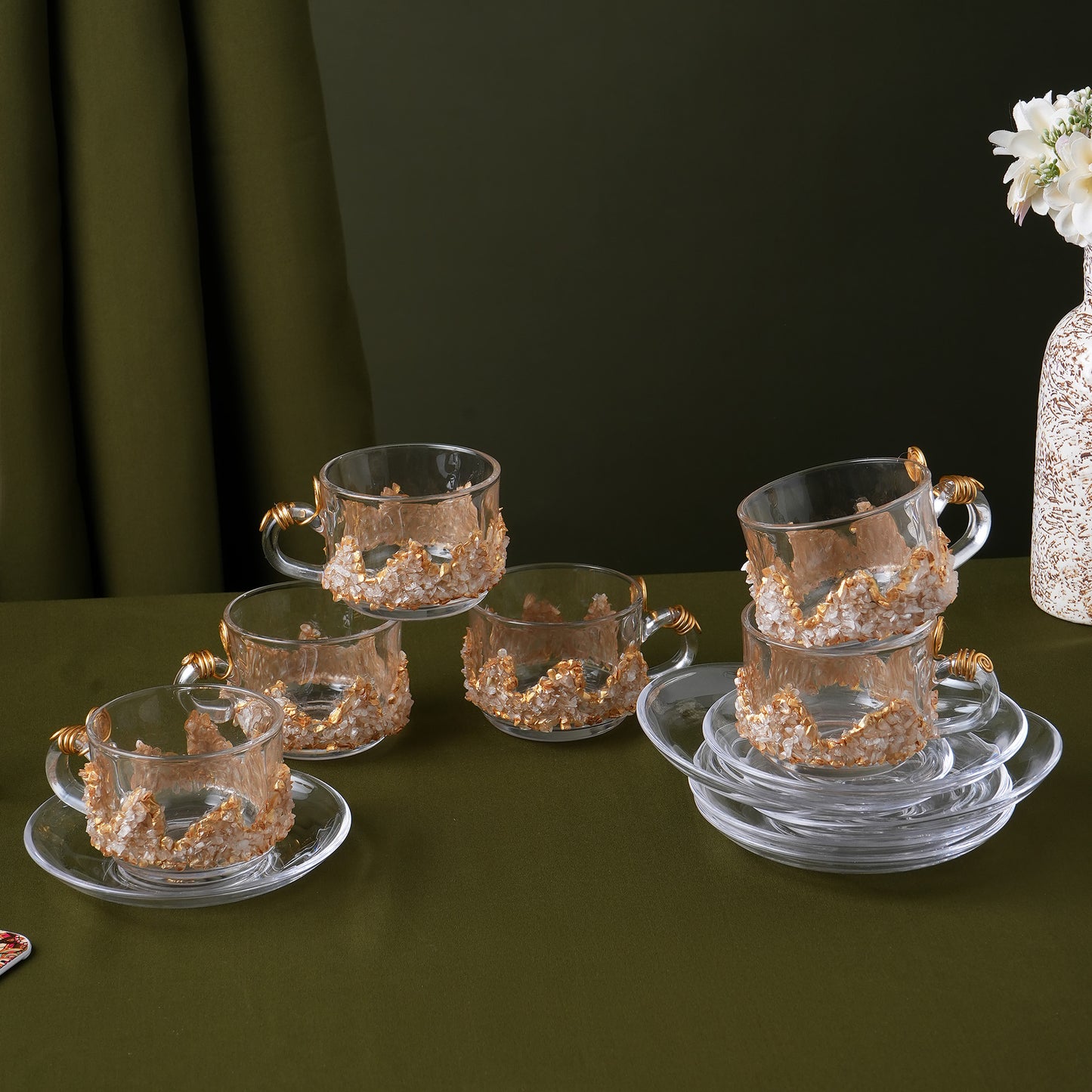 Luxury Handcrafted Resin & Glass Tea Cup Set of 6 With Soccer Plates