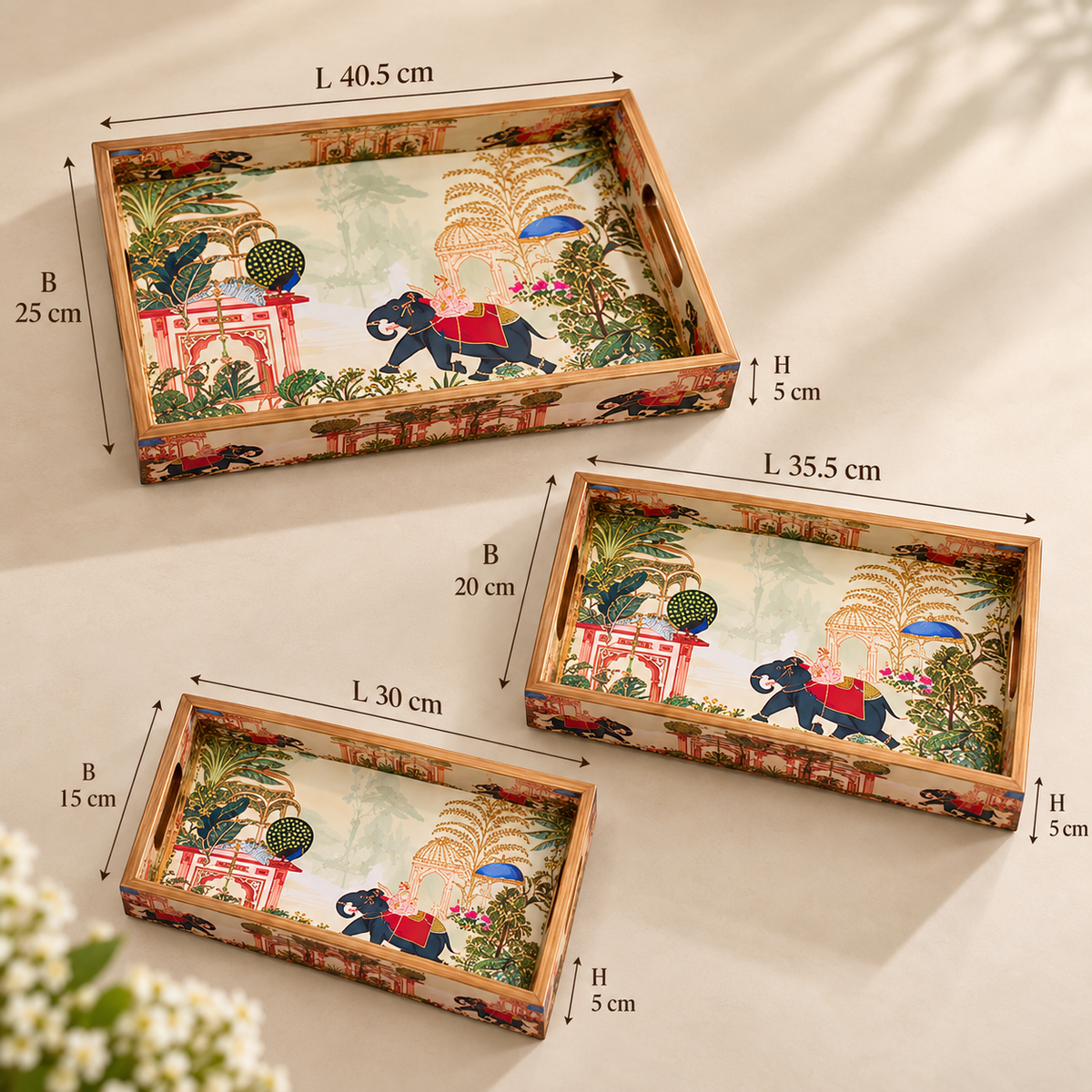 Handcrafted Wooden Serving Tray Set of 3 with Elephant Motif – Decorative Multipurpose Trays