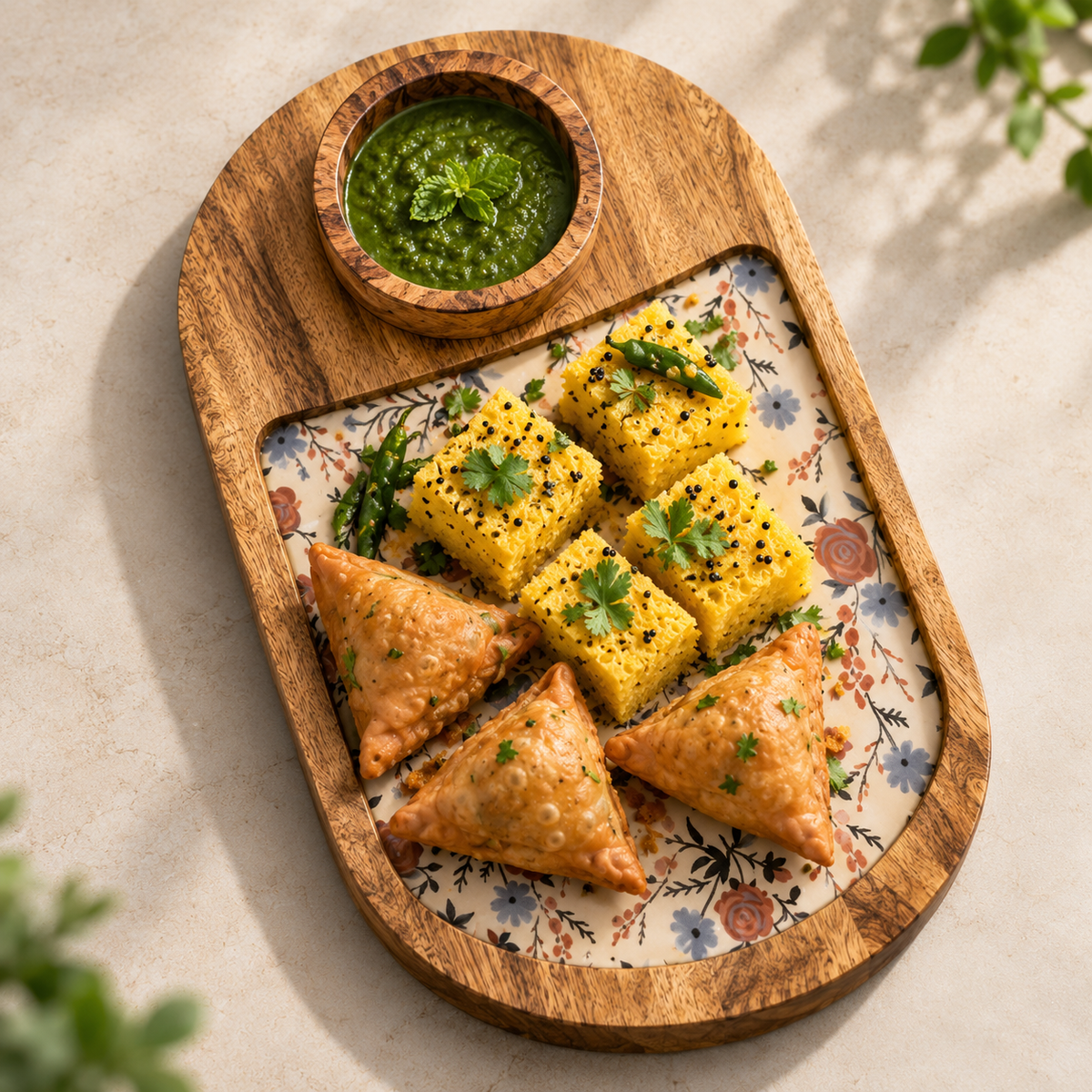 Mango Wood Snacks Platter with Bowl – Floral Print Serving Board