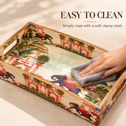 Handcrafted Wooden Serving Tray Set of 3 with Elephant Motif – Decorative Multipurpose Trays