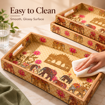 Handcrafted Wooden Serving Tray Set of 3 with Elephant & Lotus Motif