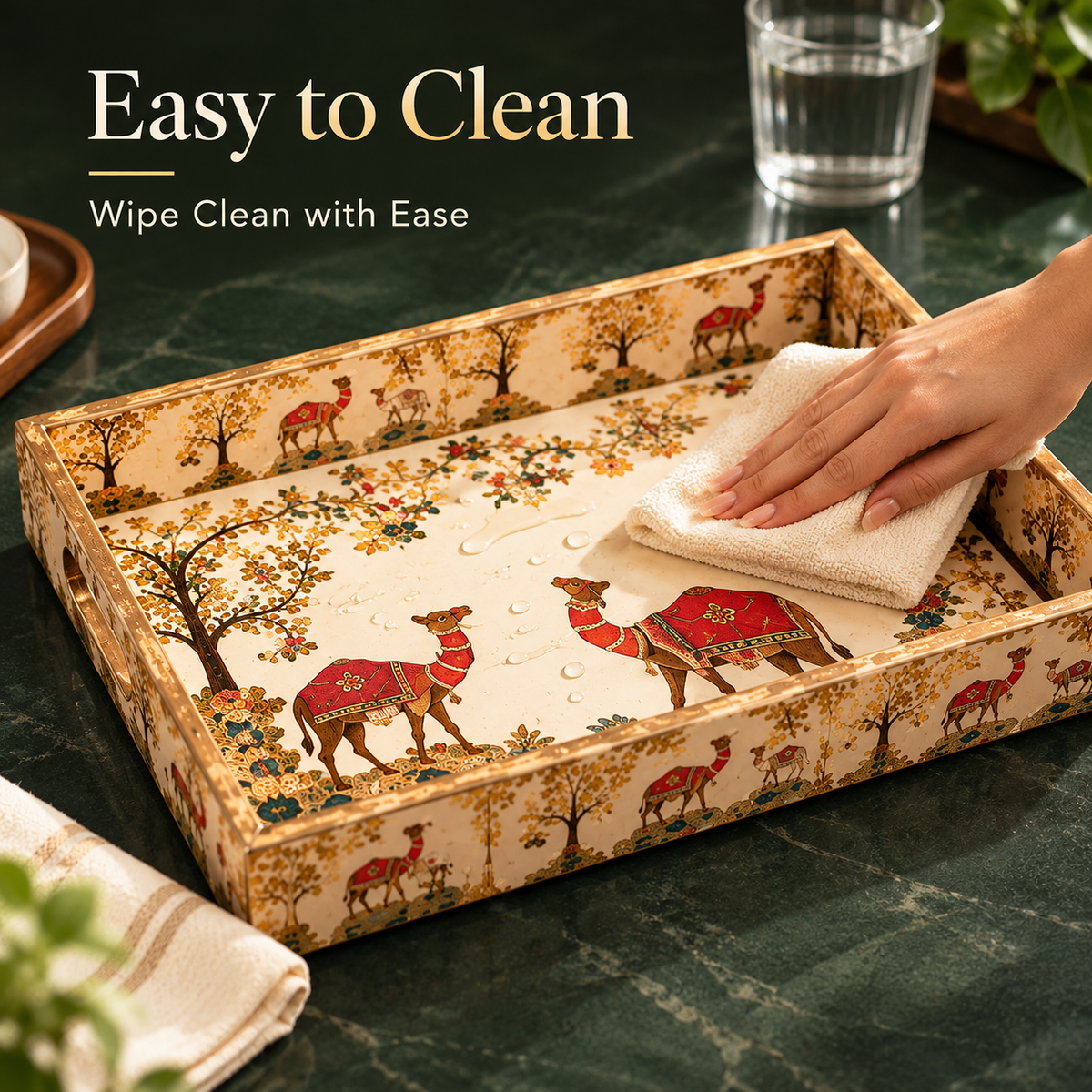 Wooden Serving Tray Set of 3 with Traditional Camel Print | Decorative Rectangular Trays with Handles