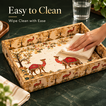 Wooden Serving Tray Set of 3 with Traditional Camel Print | Decorative Rectangular Trays with Handles