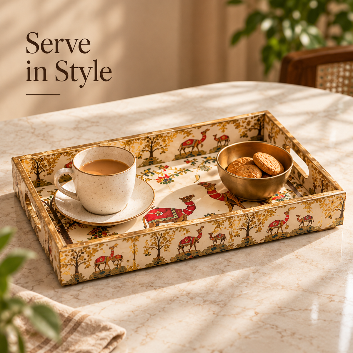 Wooden Serving Tray Set of 3 with Traditional Camel Print | Decorative Rectangular Trays with Handles