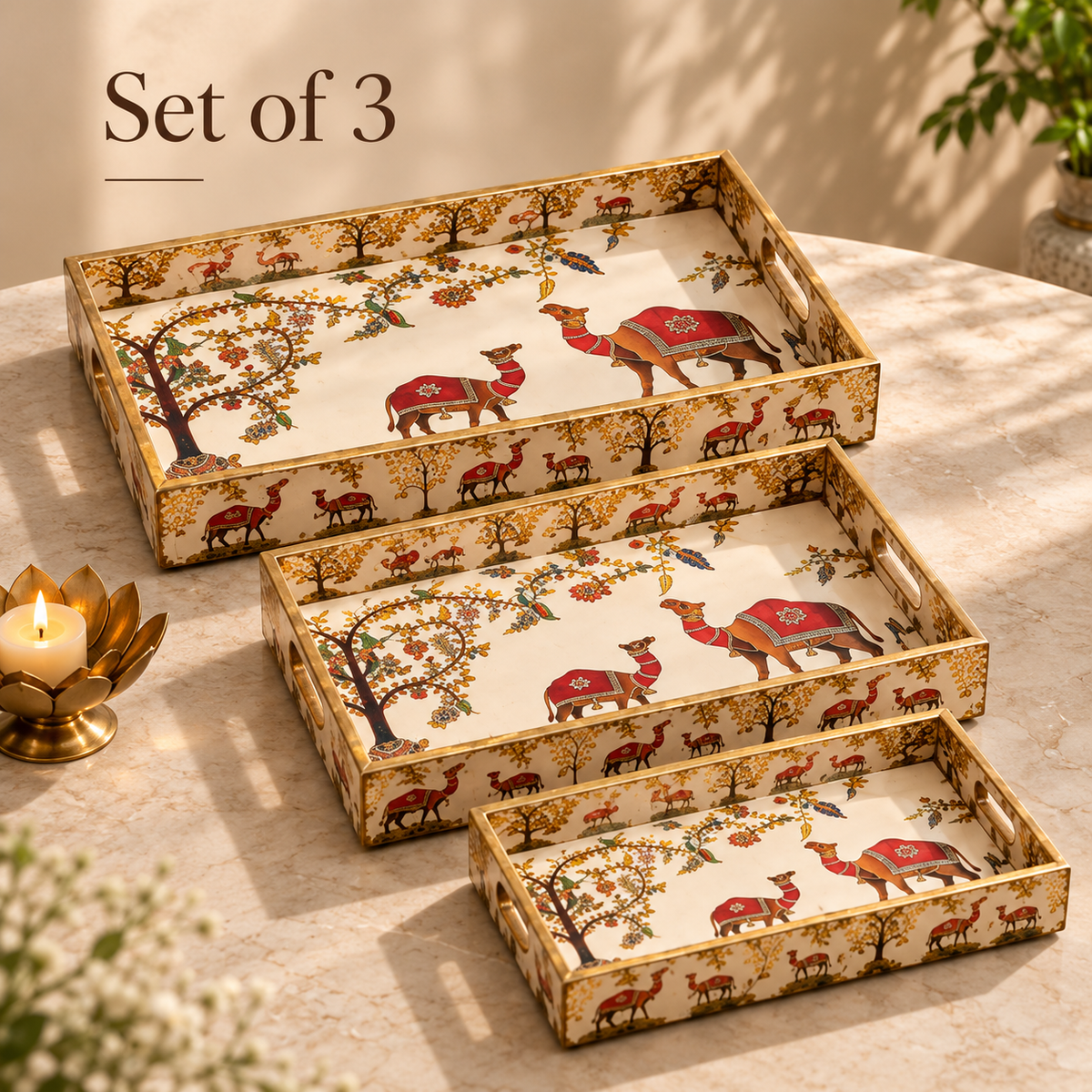Wooden Serving Tray Set of 3 with Traditional Camel Print | Decorative Rectangular Trays with Handles
