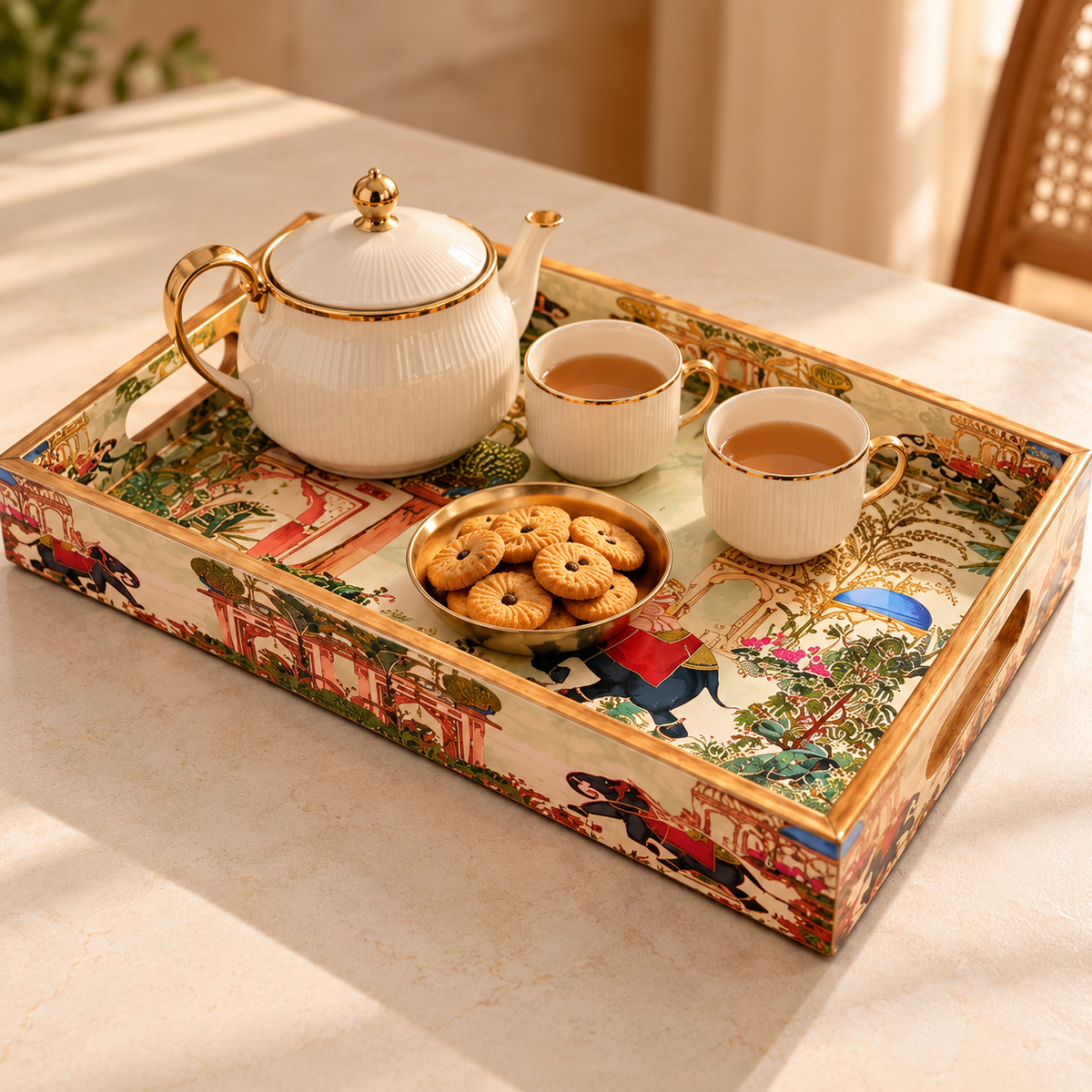 Handcrafted Wooden Serving Tray Set of 3 with Elephant Motif – Decorative Multipurpose Trays