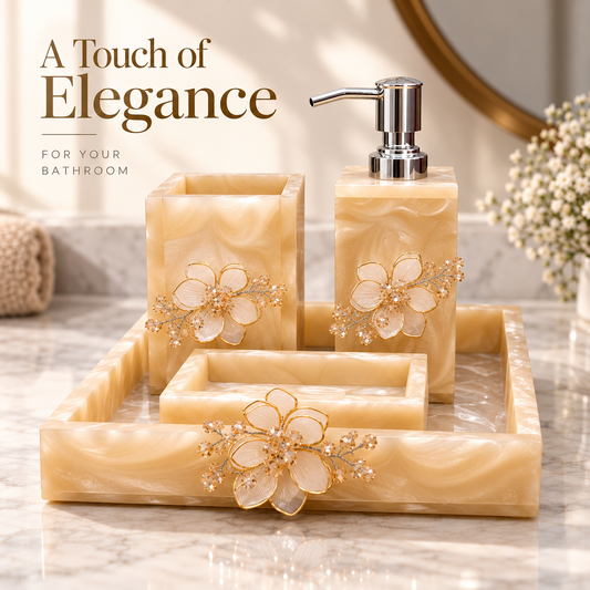 Champagne Beige Resin Bathroom Accessories Set with Handcrafted Floral Decoration – 4 Pieces