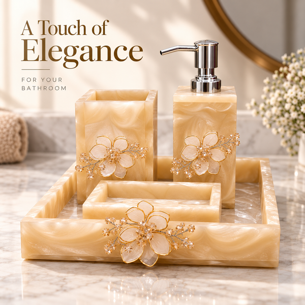 Champagne Beige Resin Bathroom Accessories Set with Handcrafted Floral Decoration – 4 Pieces