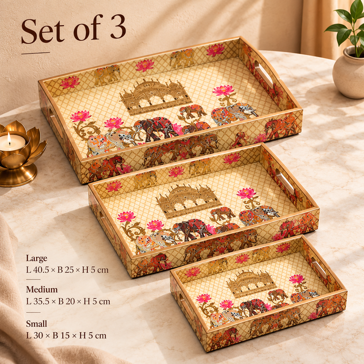 Handcrafted Wooden Serving Tray Set of 3 with Elephant & Lotus Motif