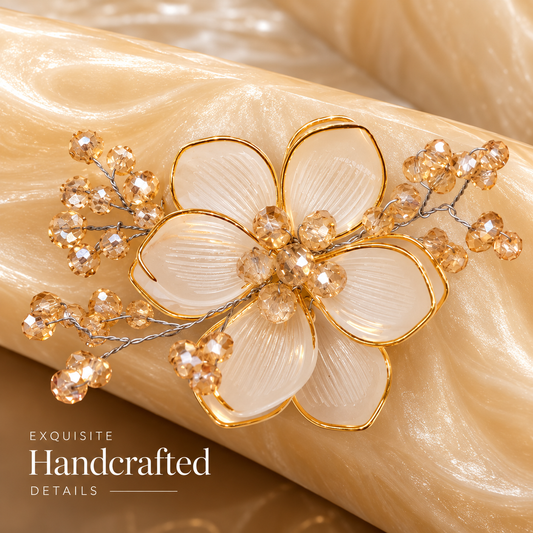 Champagne Beige Resin Bathroom Accessories Set with Handcrafted Floral Decoration – 4 Pieces