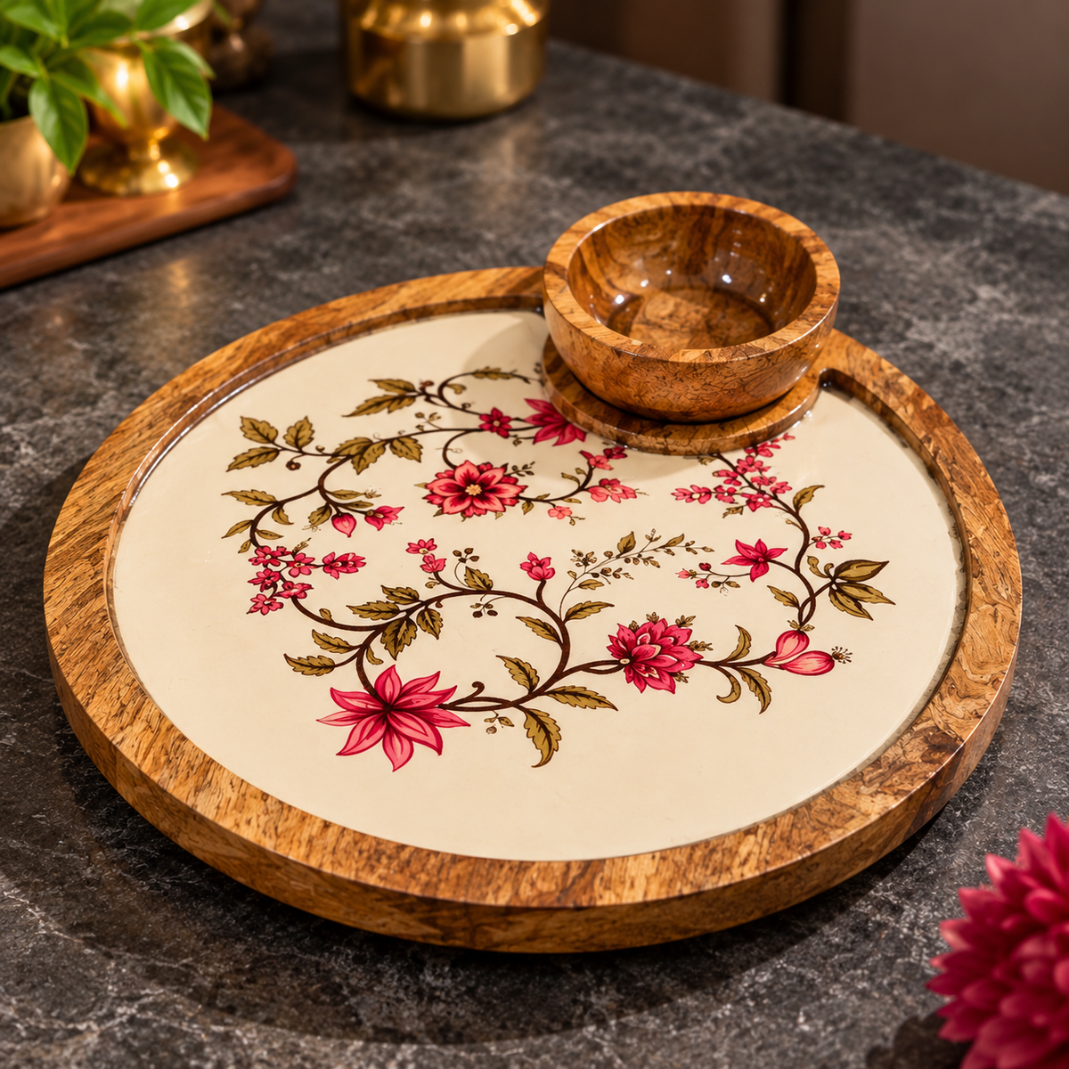 Mango Wood Round Snacks Serving Platter with Bowl – Floral Design