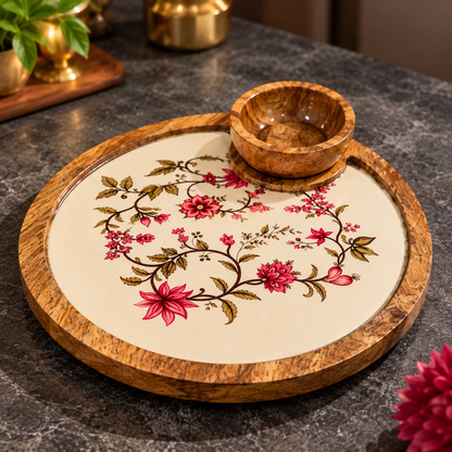 Mango Wood Round Snacks Serving Platter with Bowl – Floral Design