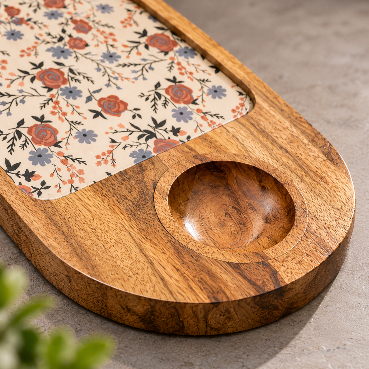 Mango Wood Snacks Platter with Bowl – Floral Print Serving Board