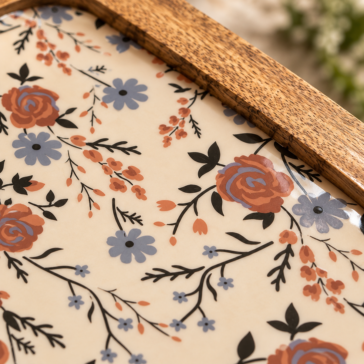 Mango Wood Snacks Platter with Bowl – Floral Print Serving Board