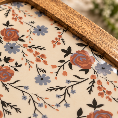 Mango Wood Snacks Platter with Bowl – Floral Print Serving Board