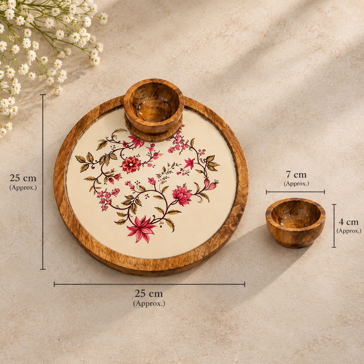 Mango Wood Round Snacks Serving Platter with Bowl – Floral Design