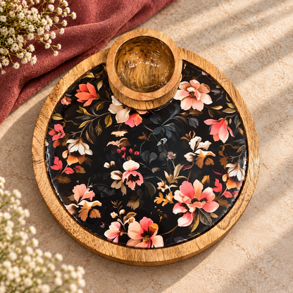Mango Wood Round Snacks Serving Platter with Bowl – Floral Design