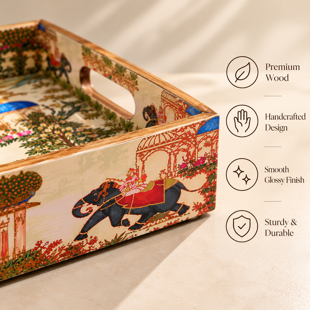 Handcrafted Wooden Serving Tray Set of 3 with Elephant Motif – Decorative Multipurpose Trays