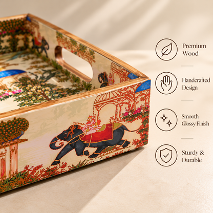 Handcrafted Wooden Serving Tray Set of 3 with Elephant Motif – Decorative Multipurpose Trays