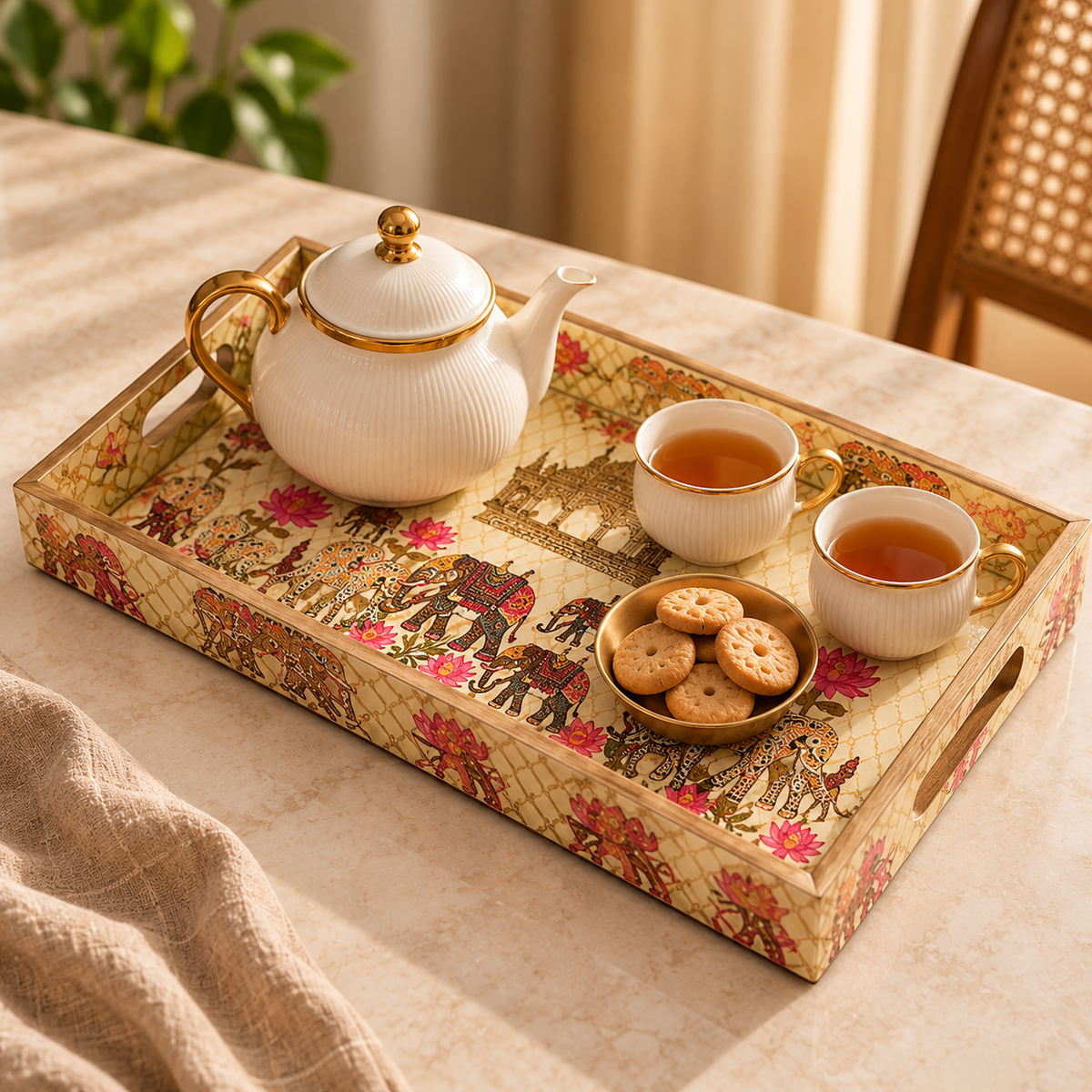 Handcrafted Wooden Serving Tray Set of 3 with Elephant & Lotus Motif