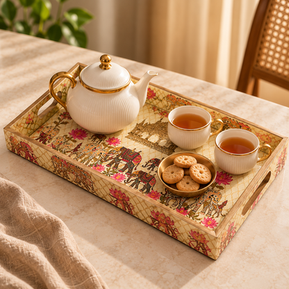 Handcrafted Wooden Serving Tray Set of 3 with Elephant & Lotus Motif